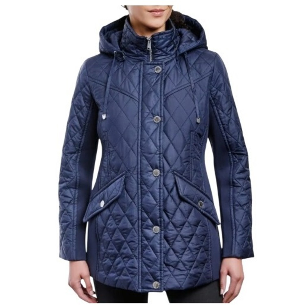London Fog Quilted Detachable Hood‎ Jacket Navy Blue Full Zip Snap Button Small
